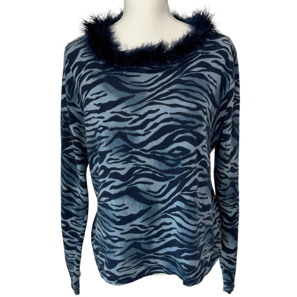 STUDIO COLLECTION Sweater Womens Large Blue Vintage Animal Print Feather Trim
